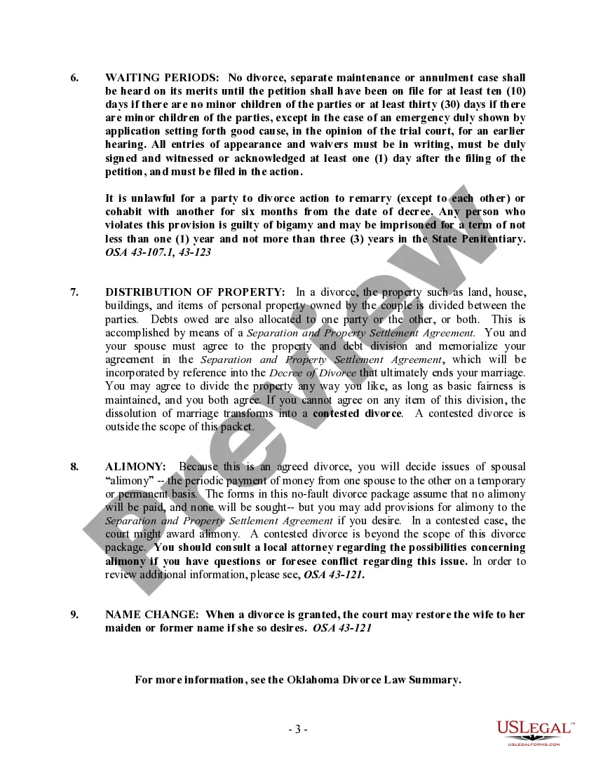 Preview Oklahoma No-Fault Uncontested Agreed Divorce Package for Dissolution of Marriage with Adult Children and with or without Property and Debts