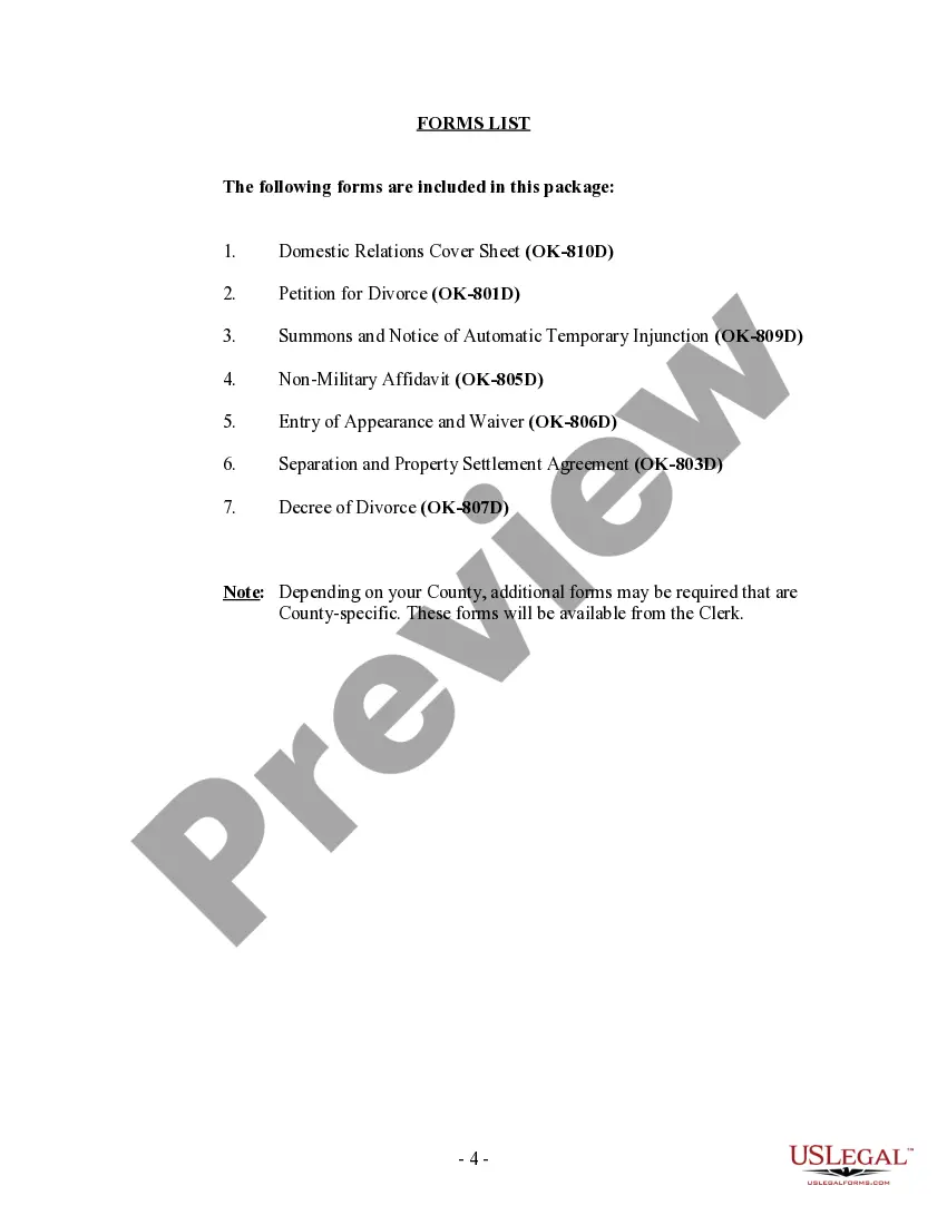Preview Oklahoma No-Fault Uncontested Agreed Divorce Package for Dissolution of Marriage with Adult Children and with or without Property and Debts