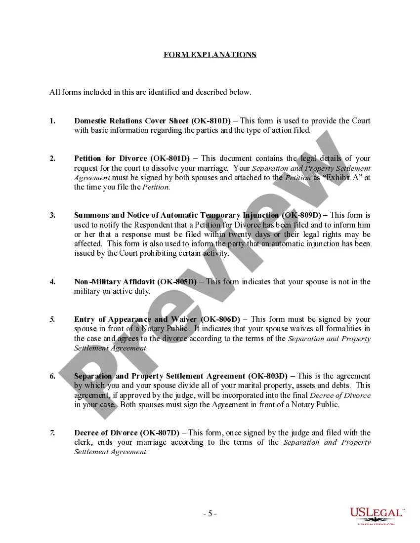 Preview Oklahoma No-Fault Uncontested Agreed Divorce Package for Dissolution of Marriage with Adult Children and with or without Property and Debts