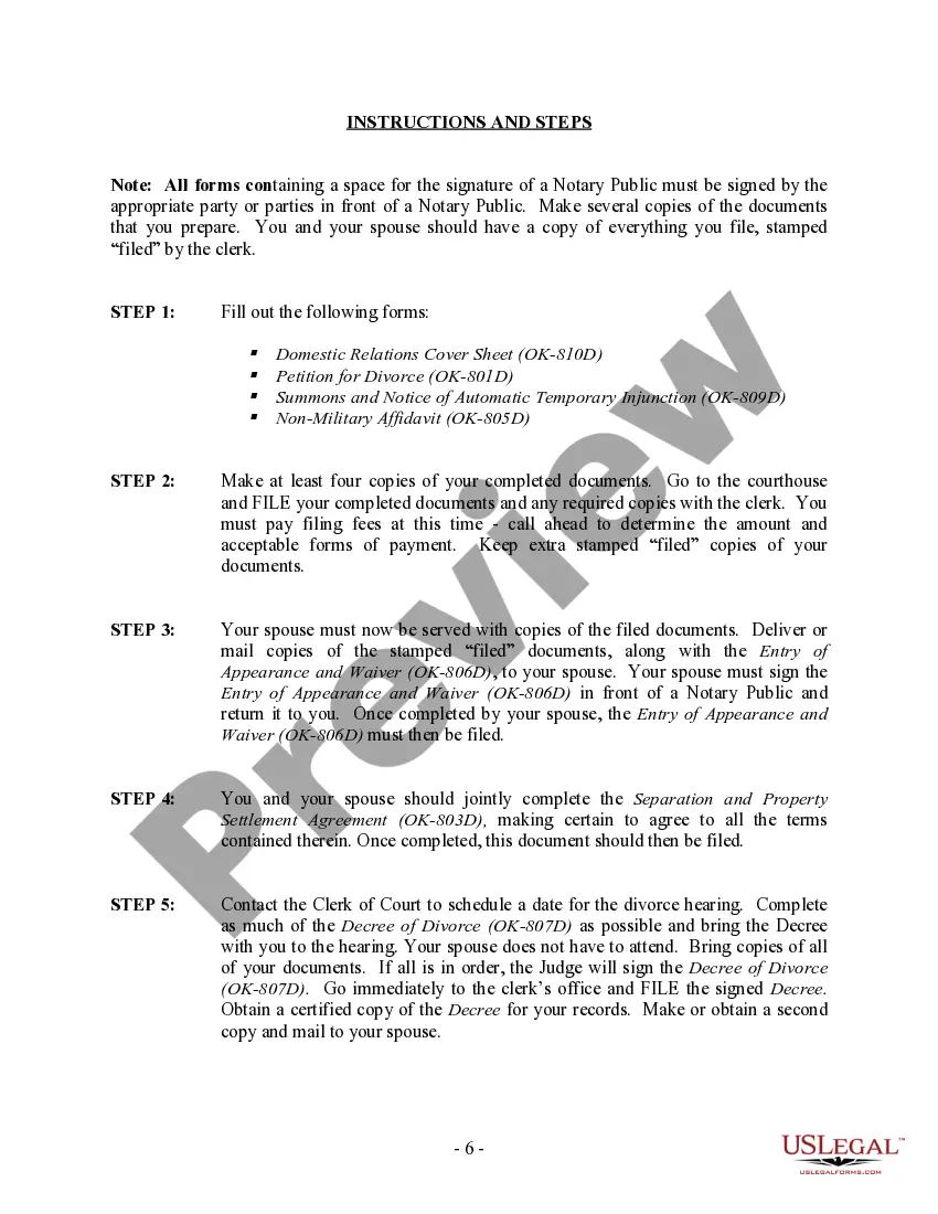 Preview Oklahoma No-Fault Uncontested Agreed Divorce Package for Dissolution of Marriage with Adult Children and with or without Property and Debts