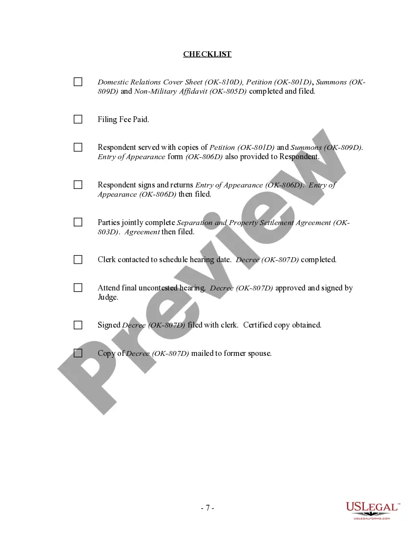 Preview Oklahoma No-Fault Uncontested Agreed Divorce Package for Dissolution of Marriage with Adult Children and with or without Property and Debts