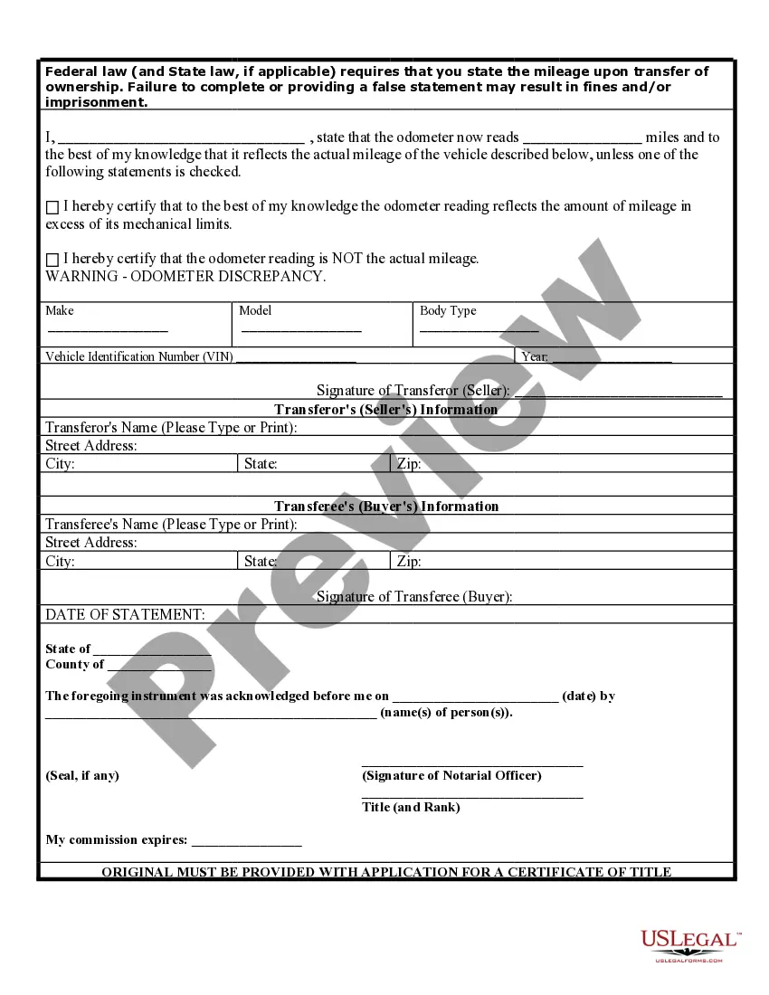 Get Bill of Sale of Automobile and Odometer Statement Preview Bill of Sale of Automobile and Odometer Statement