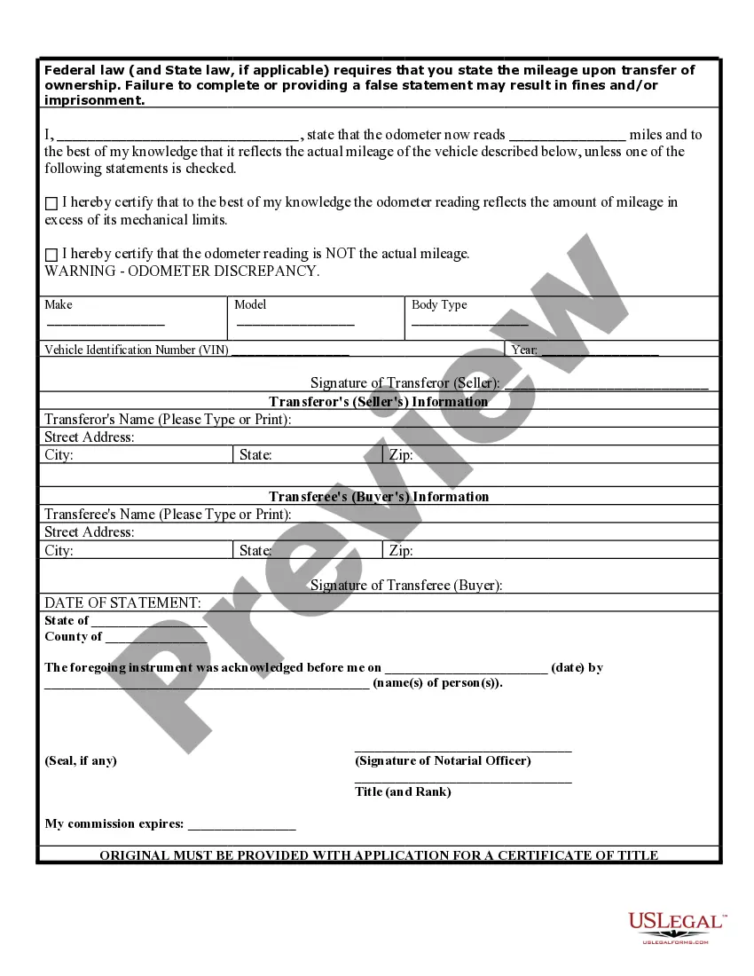 Preview Bill of Sale of Automobile and Odometer Statement for As-Is Sale