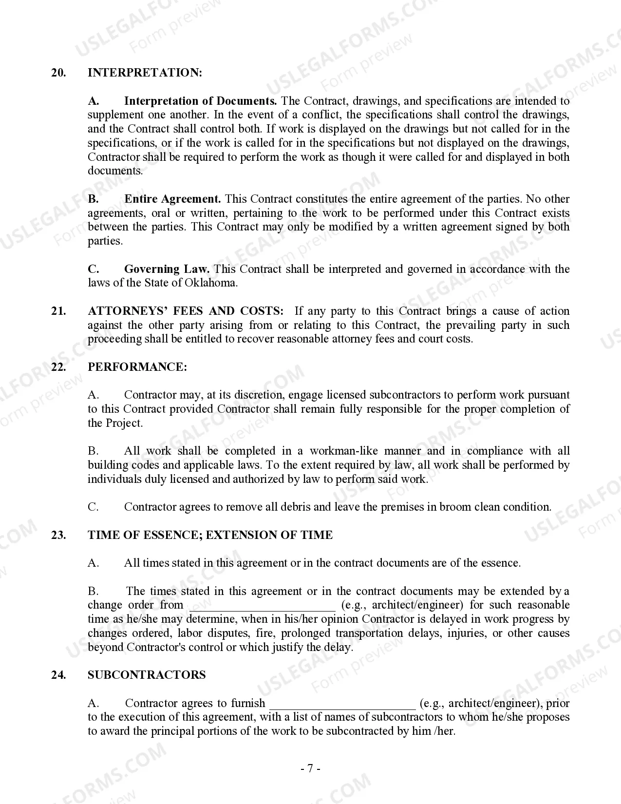 Preview Commercial Contract for Contractor