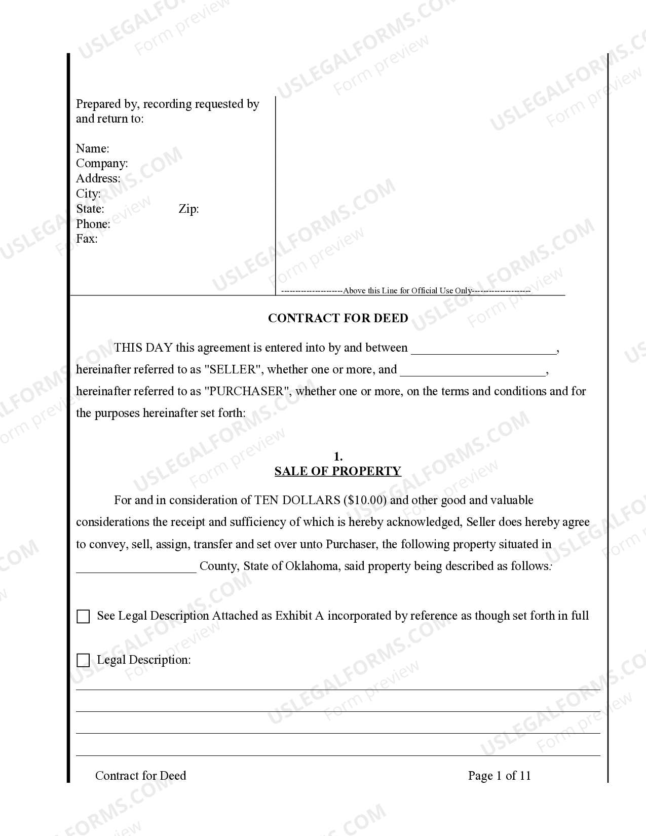 Oklahoma Agreement or Contract for Deed for Sale and Purchase of Real ...