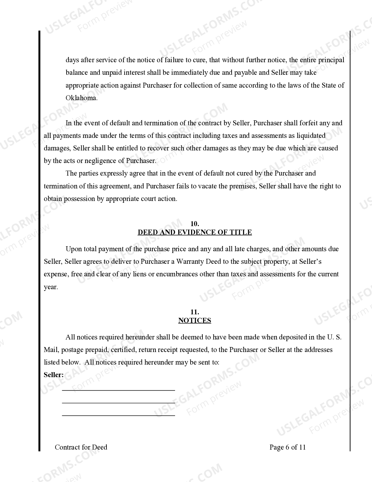 Oklahoma Agreement or Contract for Deed for Sale and Purchase of Real