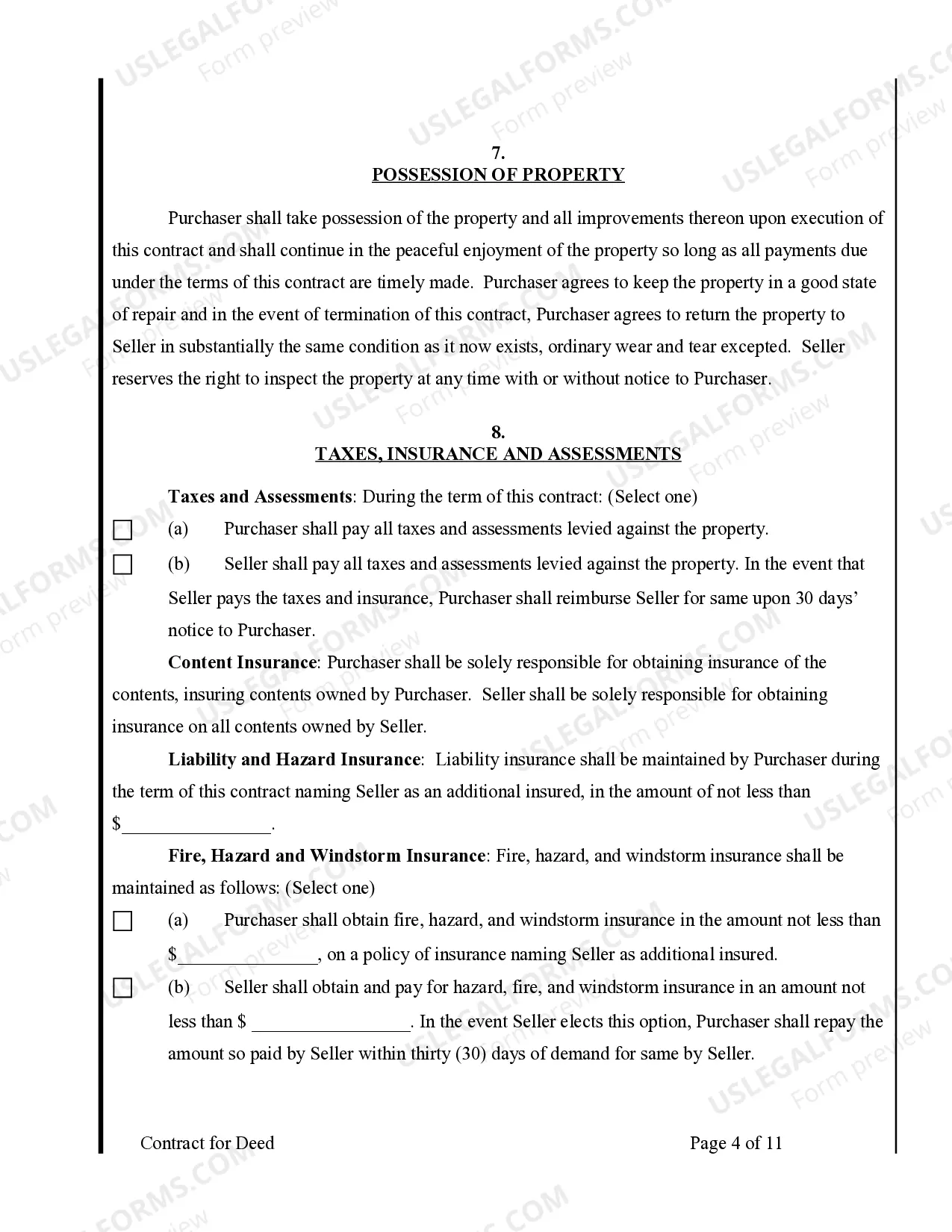 Preview Agreement or Contract for Deed for Sale and Purchase of Real Estate a/k/a Land or Executory Contract