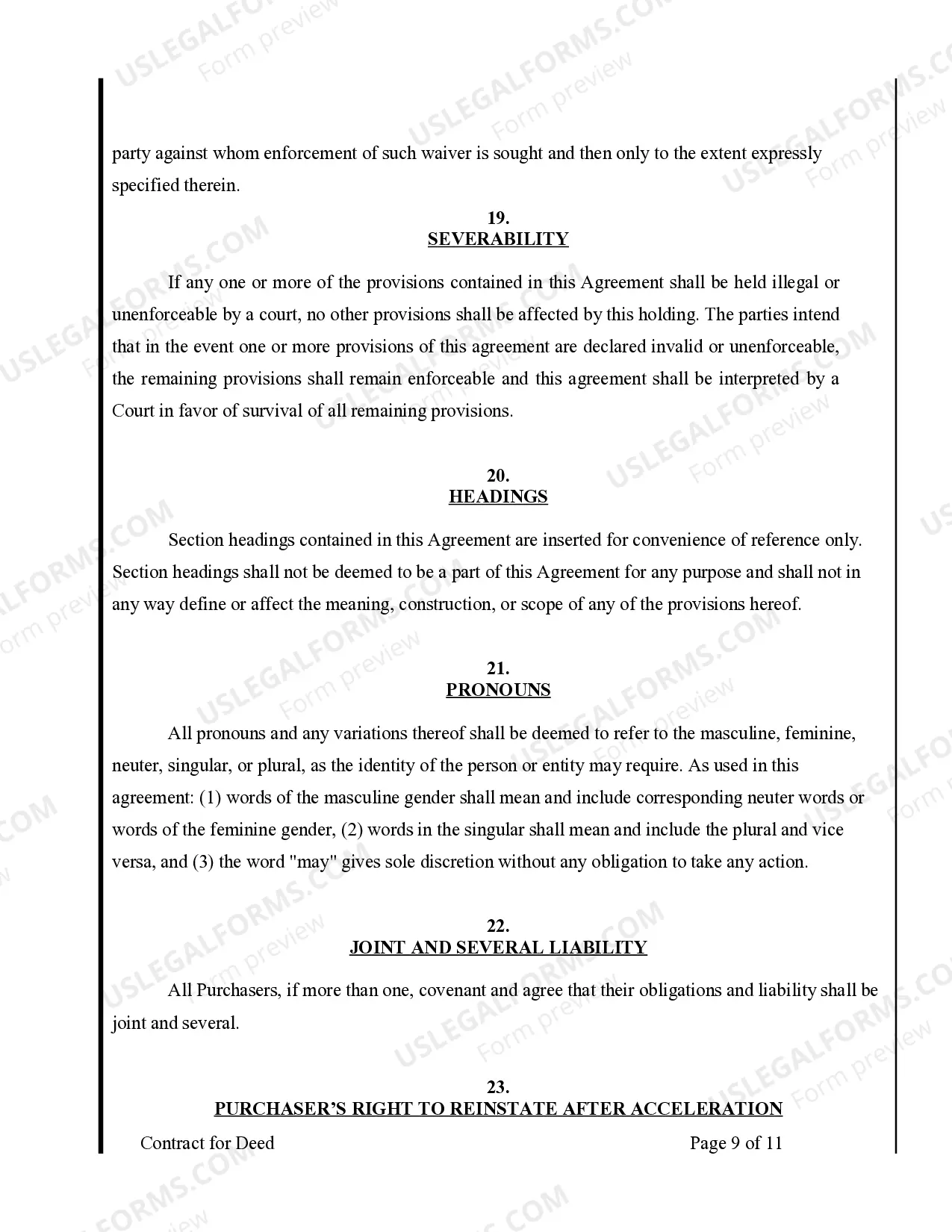 Preview Agreement or Contract for Deed for Sale and Purchase of Real Estate a/k/a Land or Executory Contract