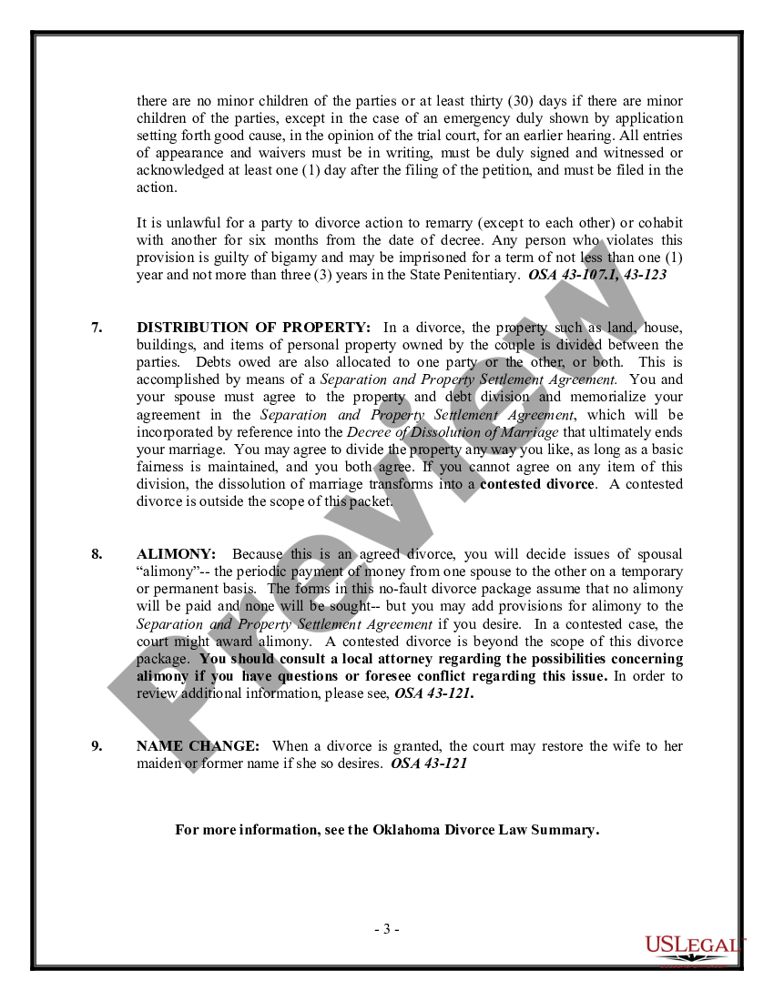 page 2 No-Fault Agreed Uncontested Divorce Package for Dissolution of Marriage for Persons with No Children with or without Property and Debts preview