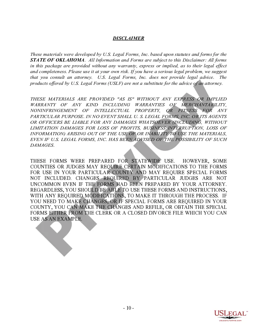 Preview Oklahoma No-Fault Agreed Uncontested Divorce Package for Dissolution of Marriage for Persons with No Children with or without Property and Debts