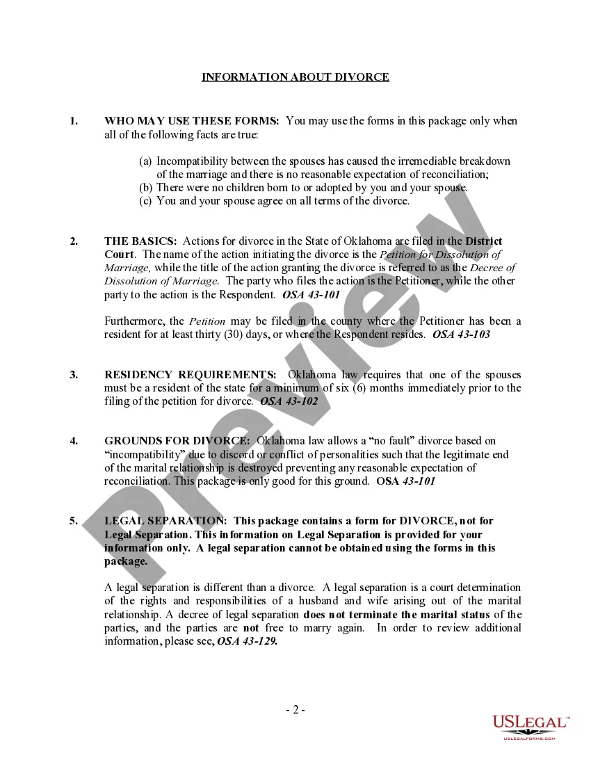 Preview Oklahoma No-Fault Agreed Uncontested Divorce Package for Dissolution of Marriage for Persons with No Children with or without Property and Debts
