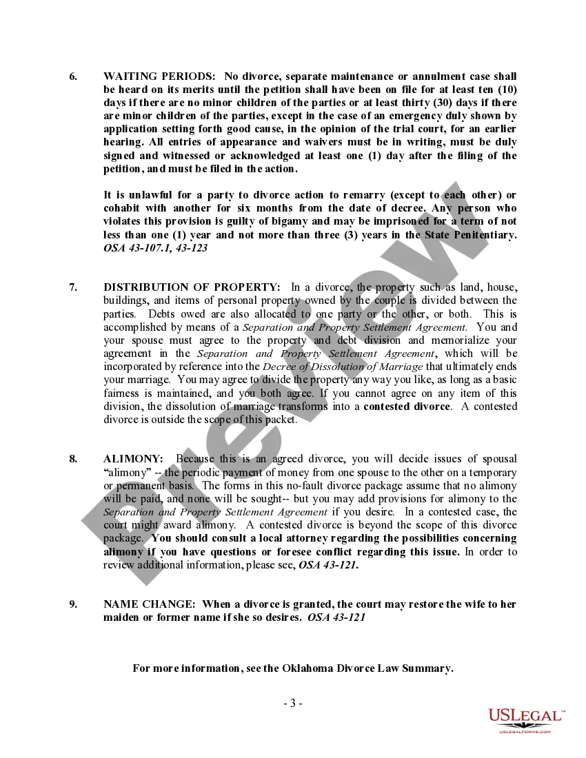 Preview Oklahoma No-Fault Agreed Uncontested Divorce Package for Dissolution of Marriage for Persons with No Children with or without Property and Debts