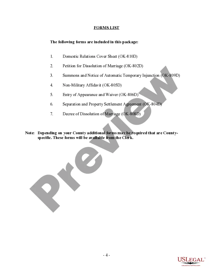 Preview Oklahoma No-Fault Agreed Uncontested Divorce Package for Dissolution of Marriage for Persons with No Children with or without Property and Debts