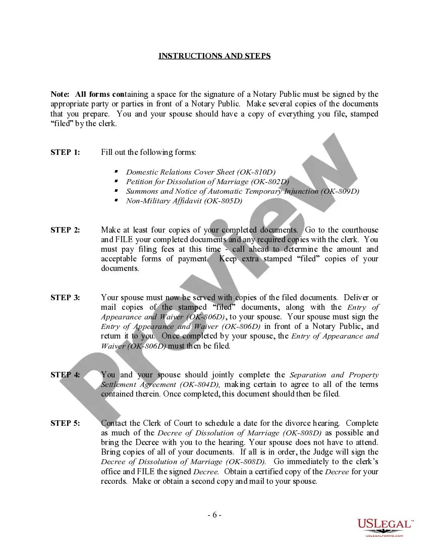 Preview Oklahoma No-Fault Agreed Uncontested Divorce Package for Dissolution of Marriage for Persons with No Children with or without Property and Debts