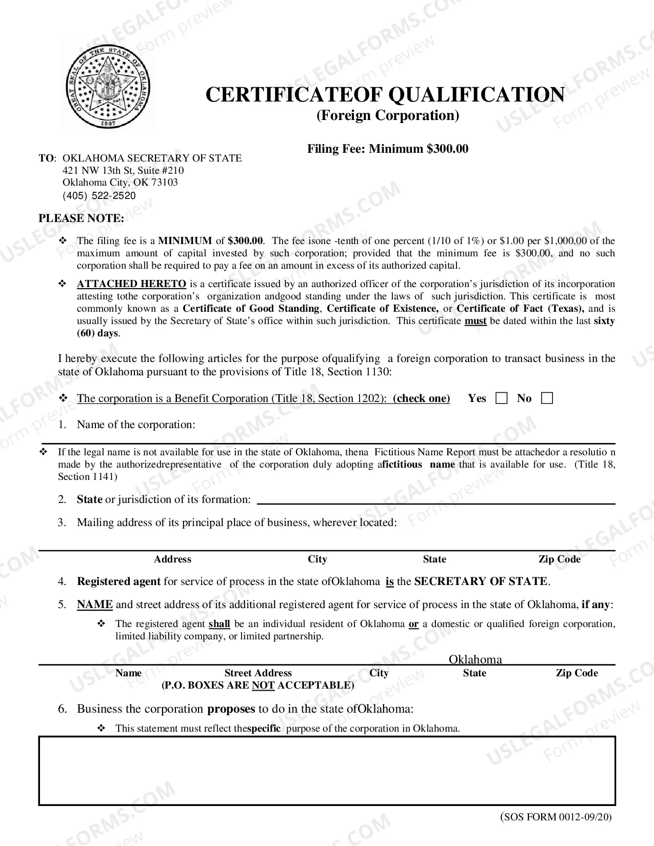 Preview Oklahoma Registration of Foreign Corporation