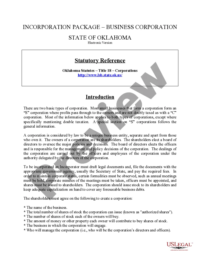 Preview Oklahoma Business Incorporation Package to Incorporate Corporation