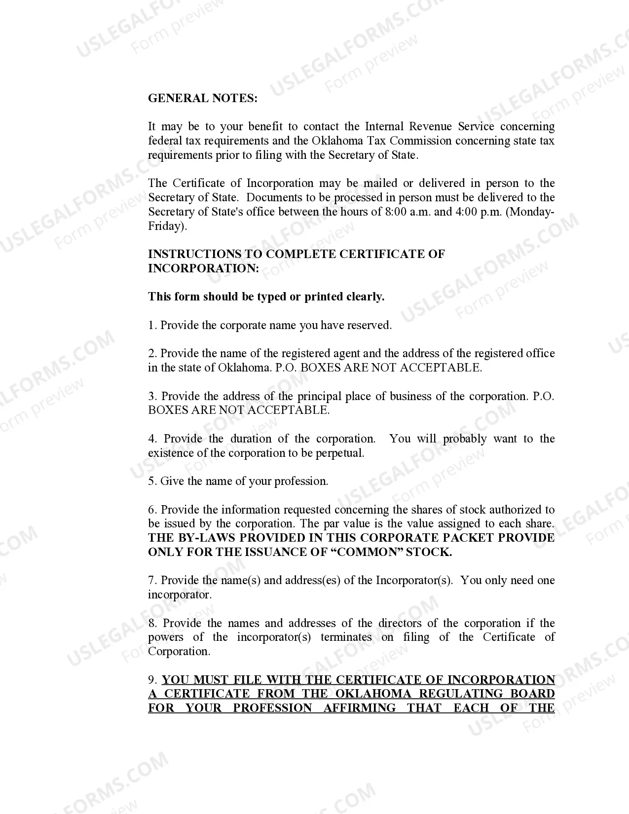 Preview Professional Corporation Package for Oklahoma