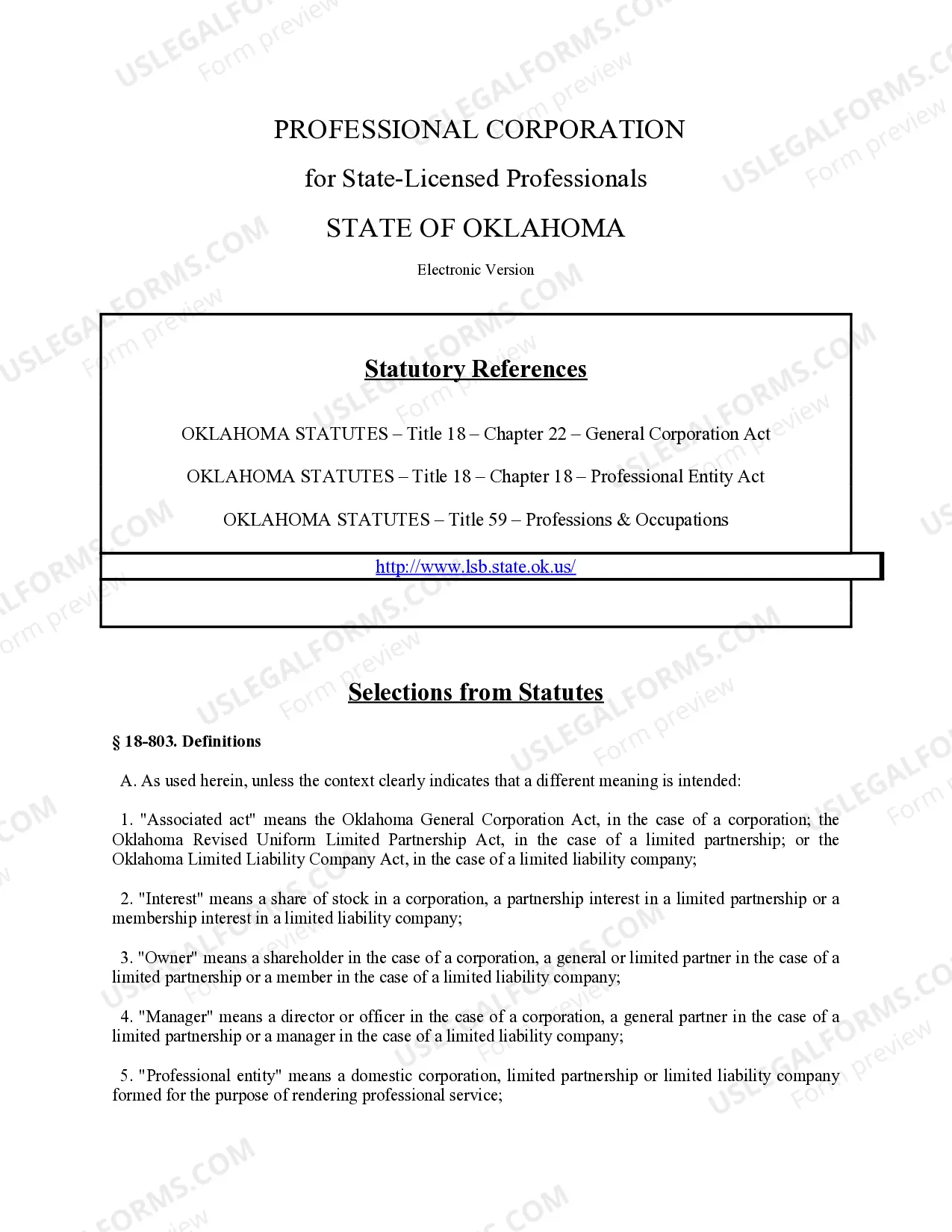 Preview Professional Corporation Package for Oklahoma