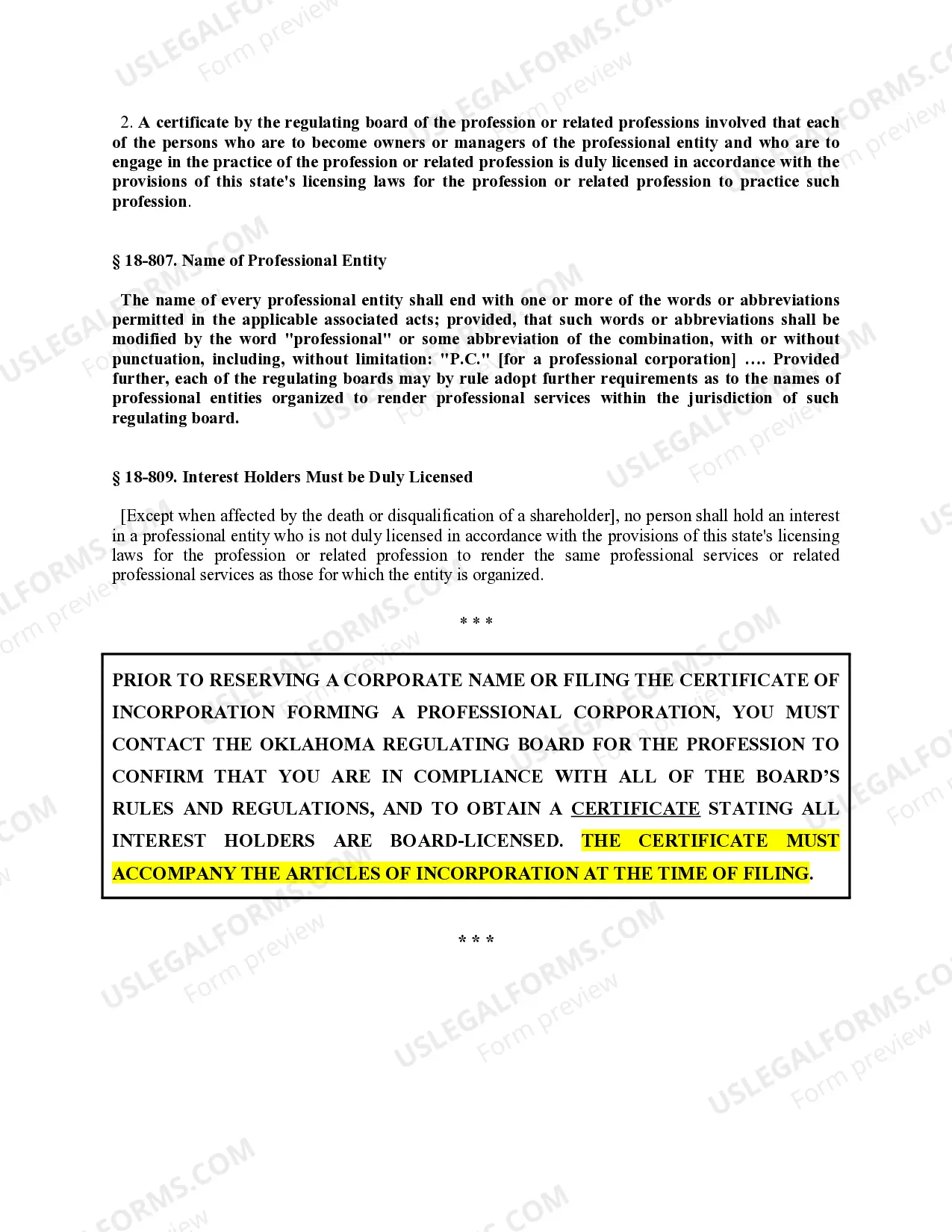 Preview Professional Corporation Package for Oklahoma