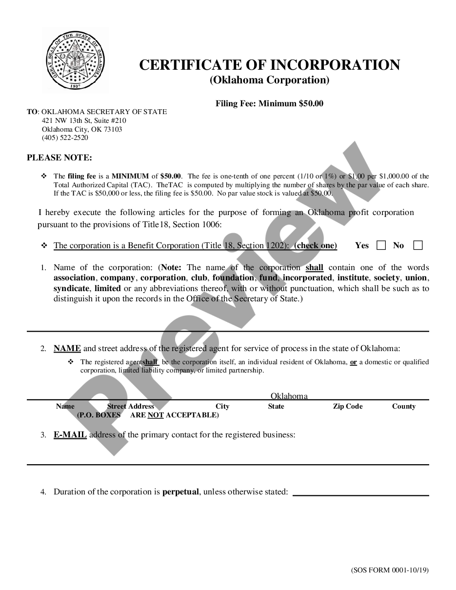 Oklahoma Certificate of Incorporation and Procedures Domestic For