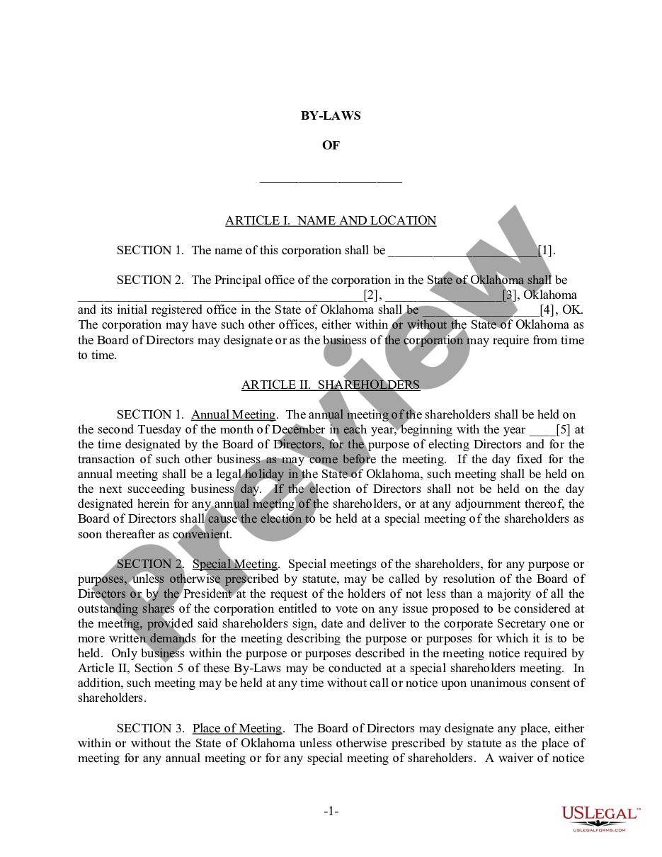 page 1 Oklahoma Bylaws for Corporation preview