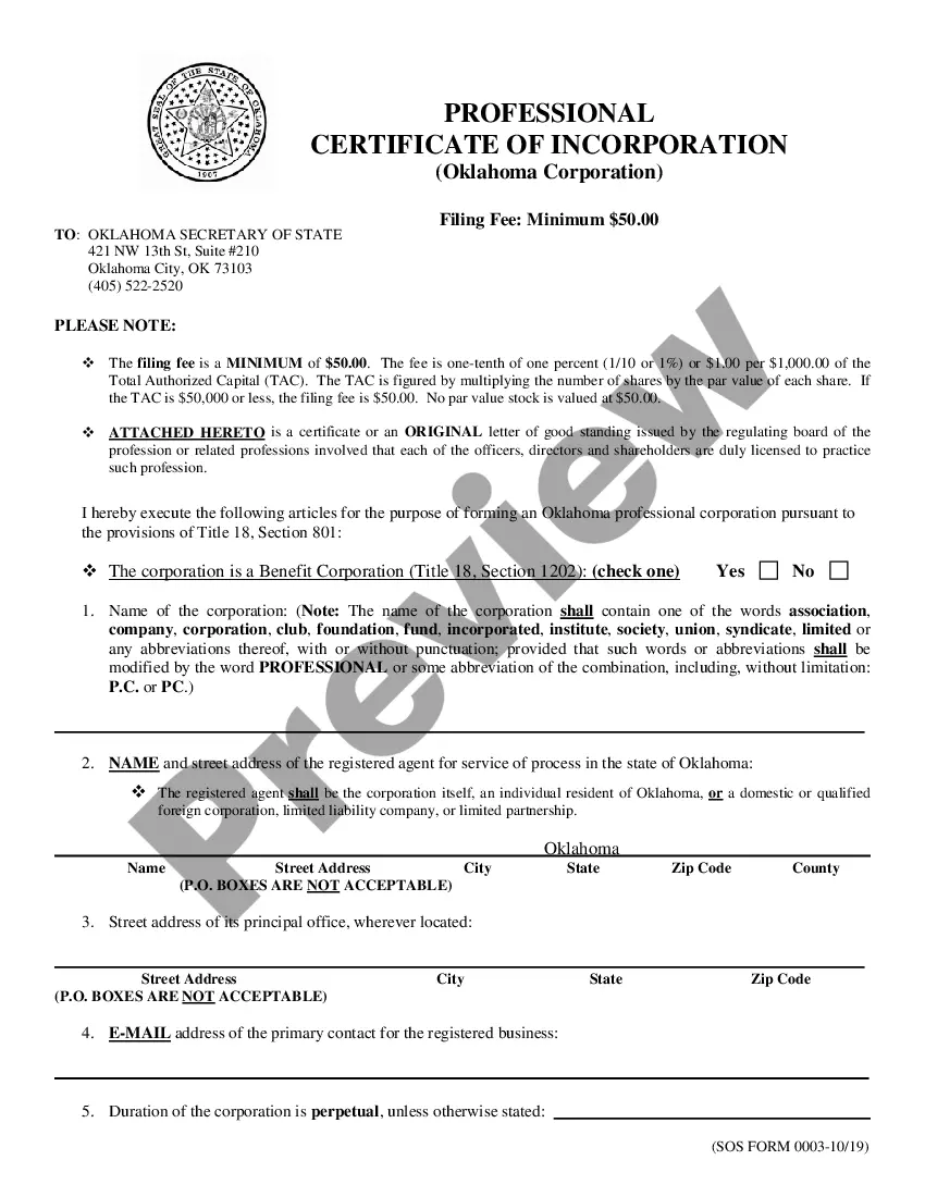 Preview Oklahoma Certificate of Incorporation for Professional Corporation