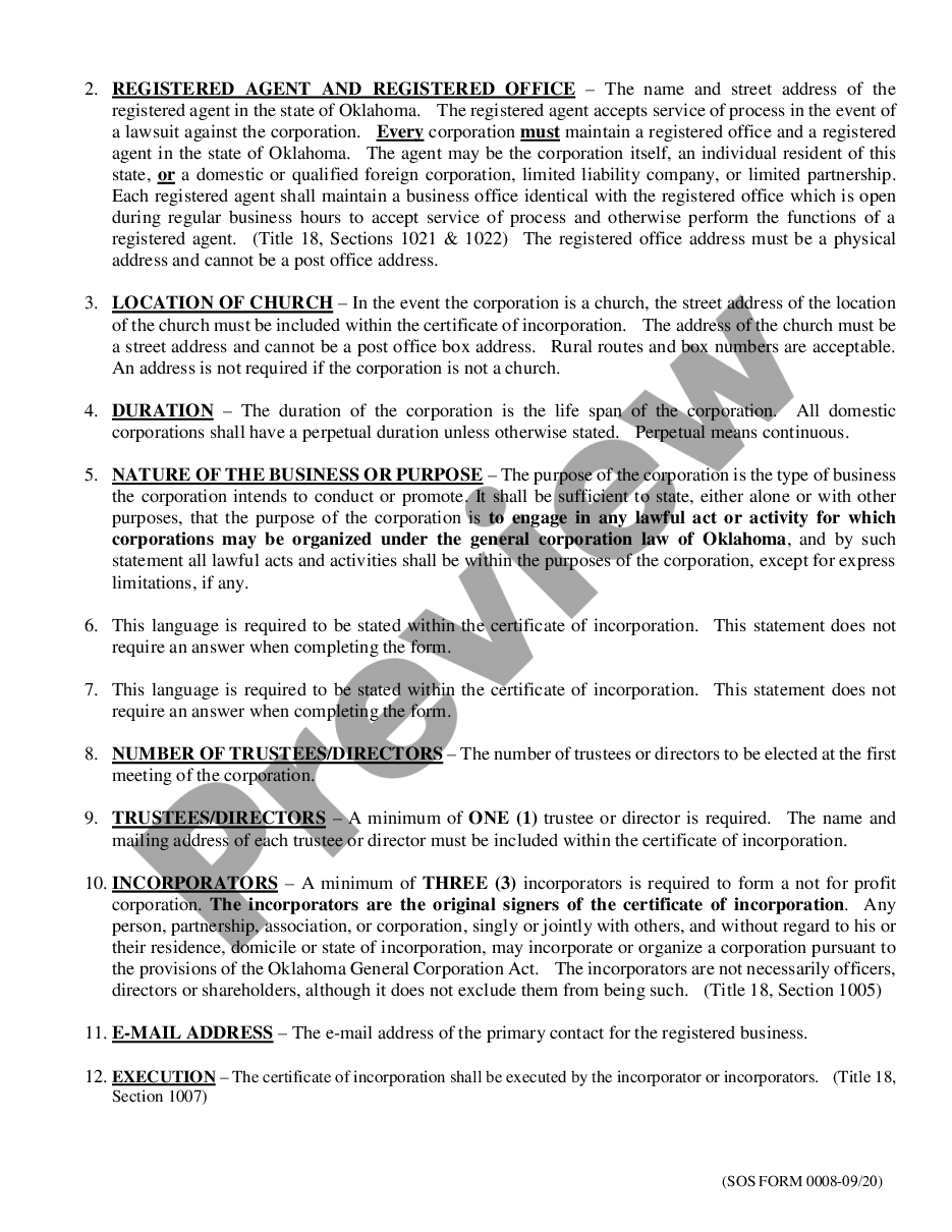 Oklahoma City Certificate Articles of Incorporation for Domestic
