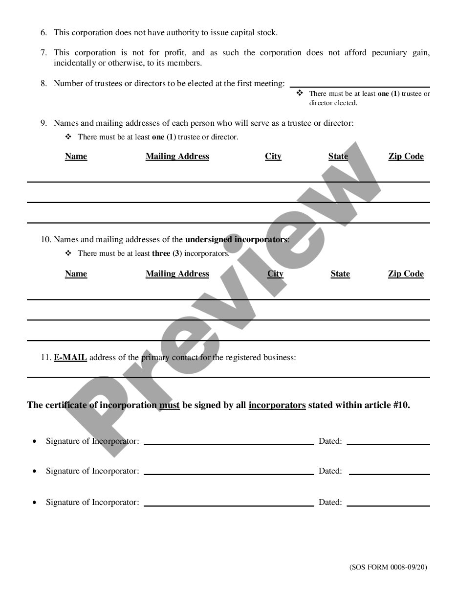 Certificate Articles of Incorporation for Domestic Nonprofit