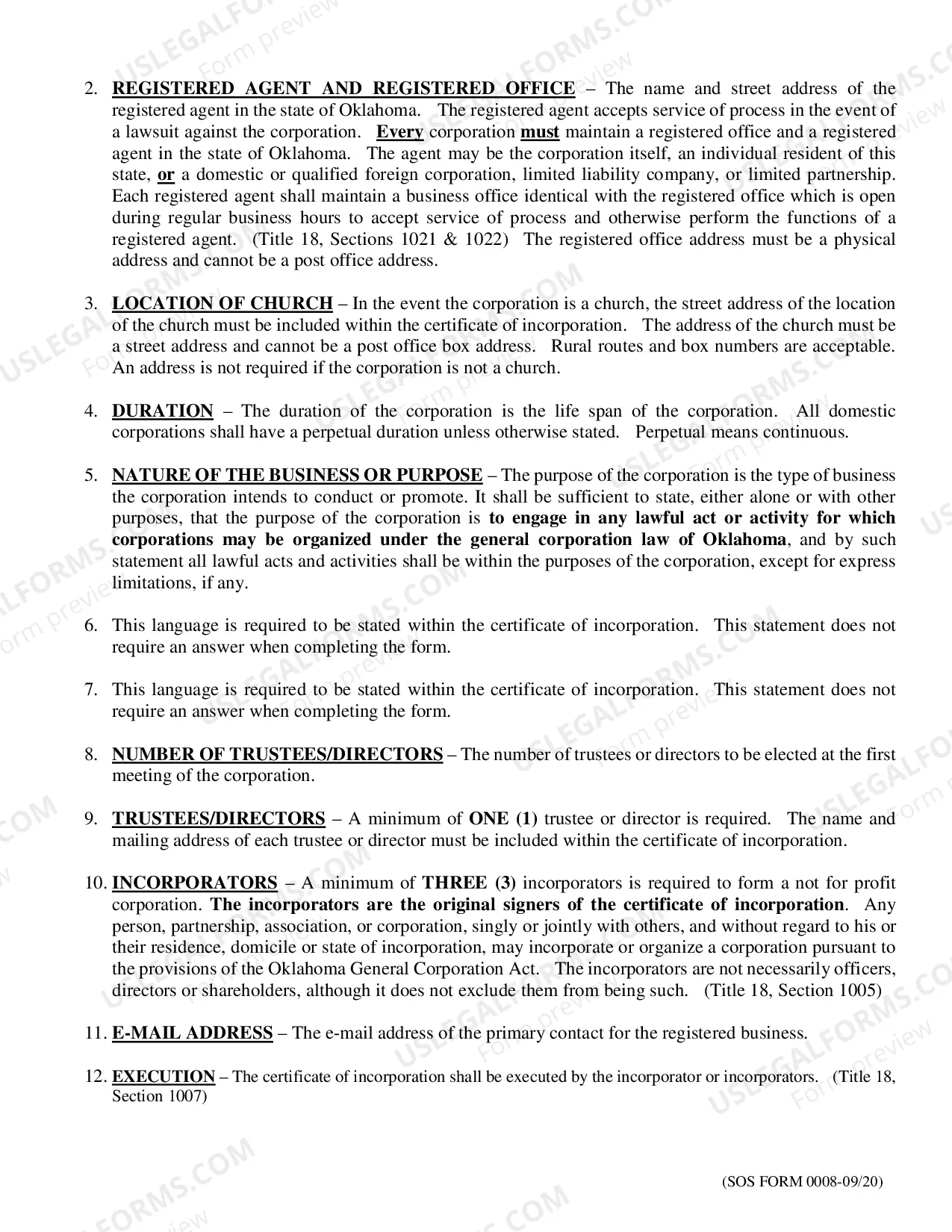Preview Certificate - Articles of Incorporation for Domestic Nonprofit Corporation in Oklahoma