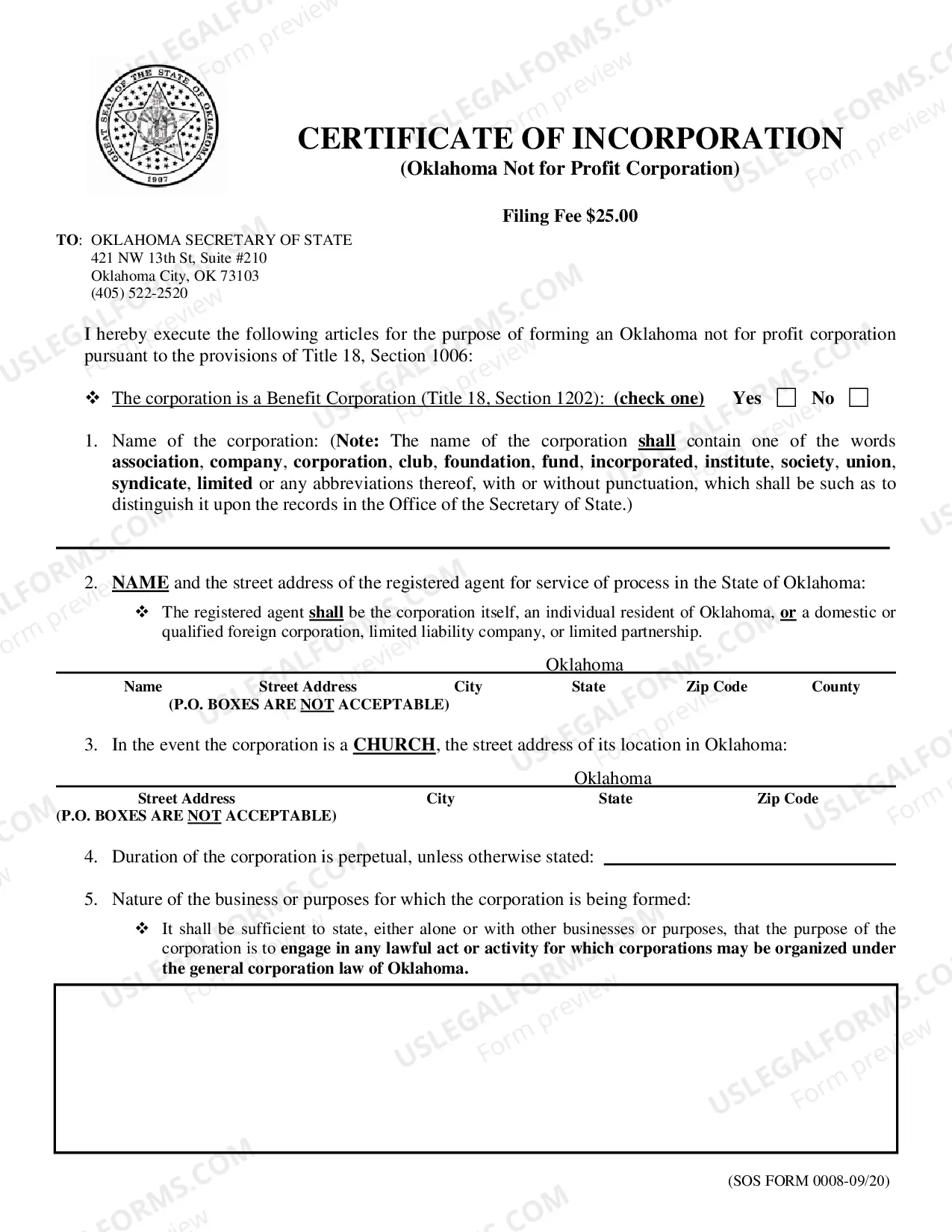 Preview Certificate - Articles of Incorporation for Domestic Nonprofit Corporation in Oklahoma