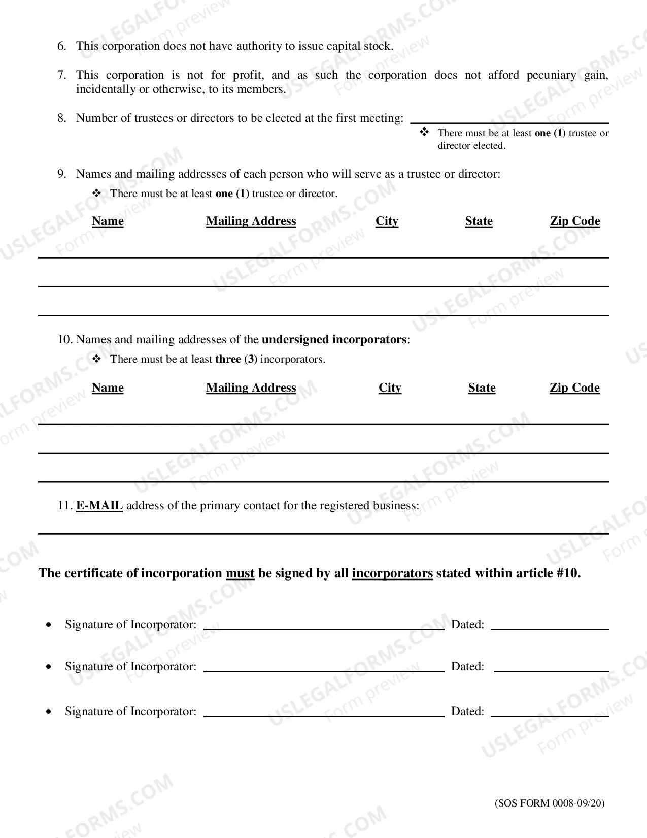 Preview Certificate - Articles of Incorporation for Domestic Nonprofit Corporation in Oklahoma