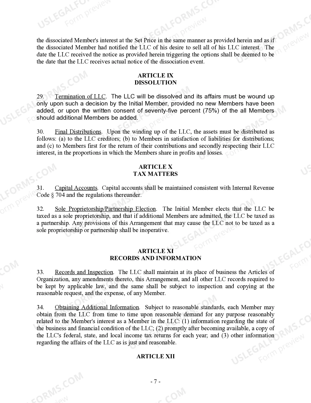 Preview Single Member Limited Liability Company LLC Operating Agreement