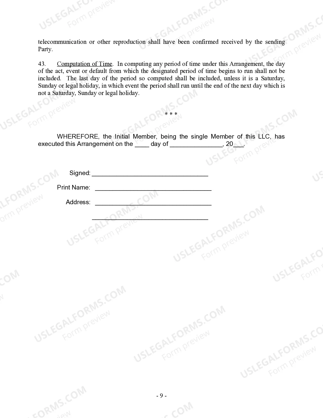 Preview Single Member Limited Liability Company LLC Operating Agreement