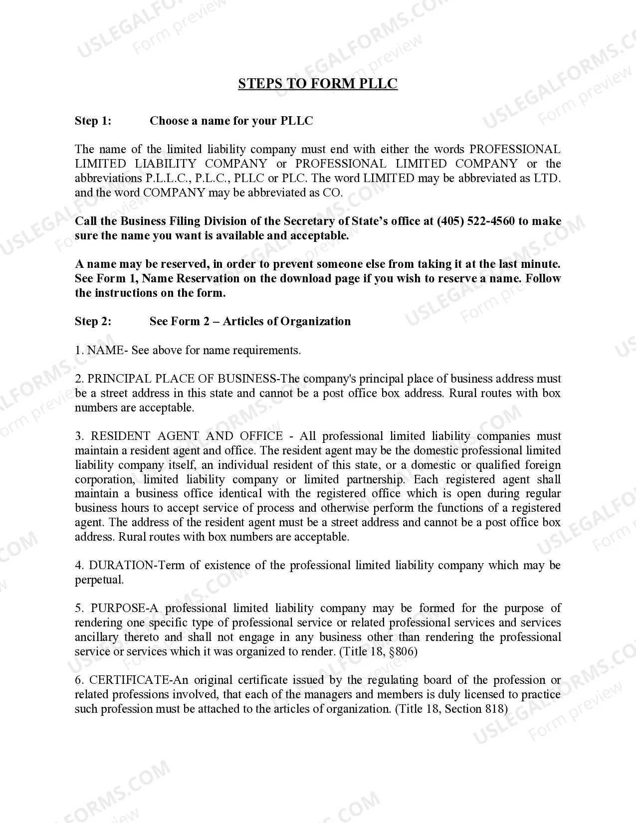 Preview Oklahoma Professional Limited Liability Company PLLC Formation Package