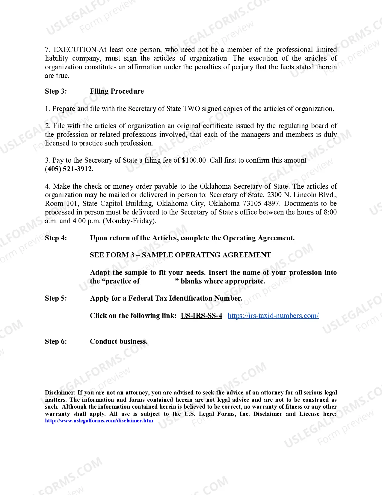 Preview Oklahoma Professional Limited Liability Company PLLC Formation Package