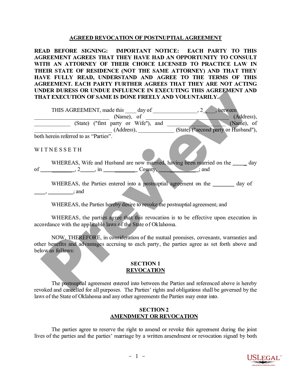 page 0 Revocation of Postnuptial Property Agreement - Oklahoma preview