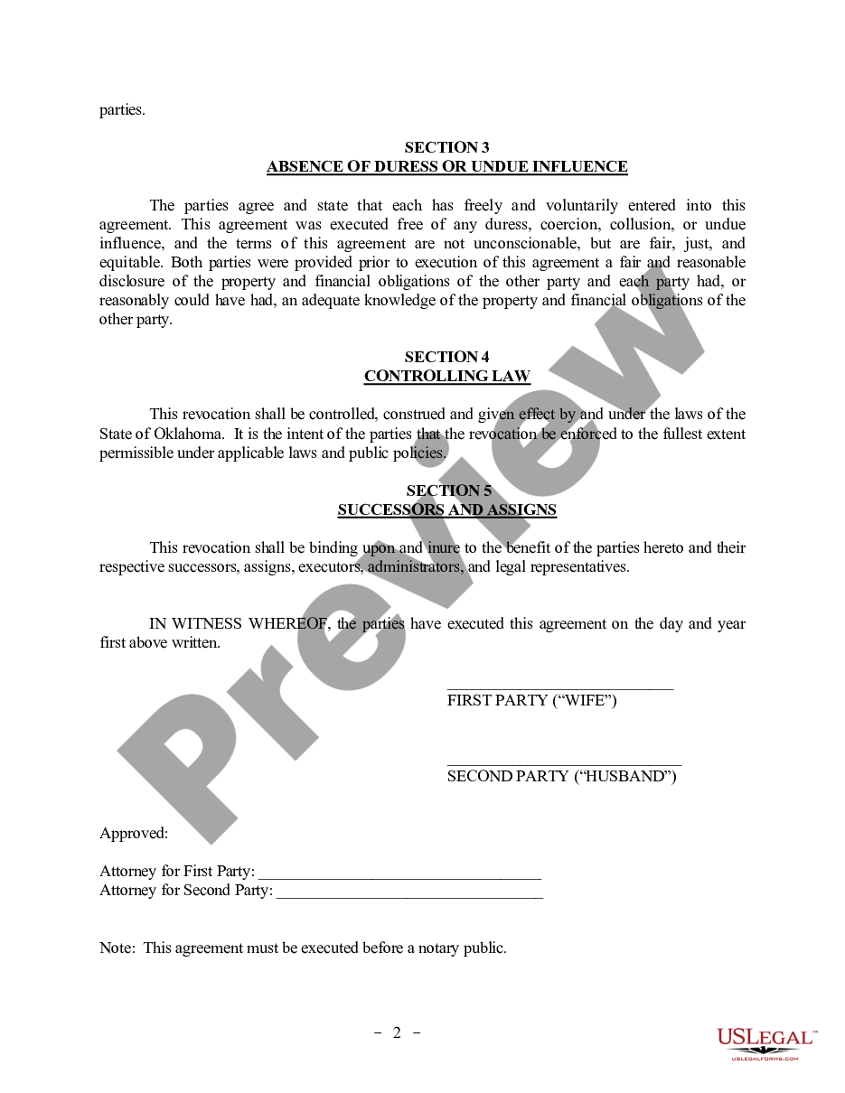 page 1 Revocation of Postnuptial Property Agreement - Oklahoma preview