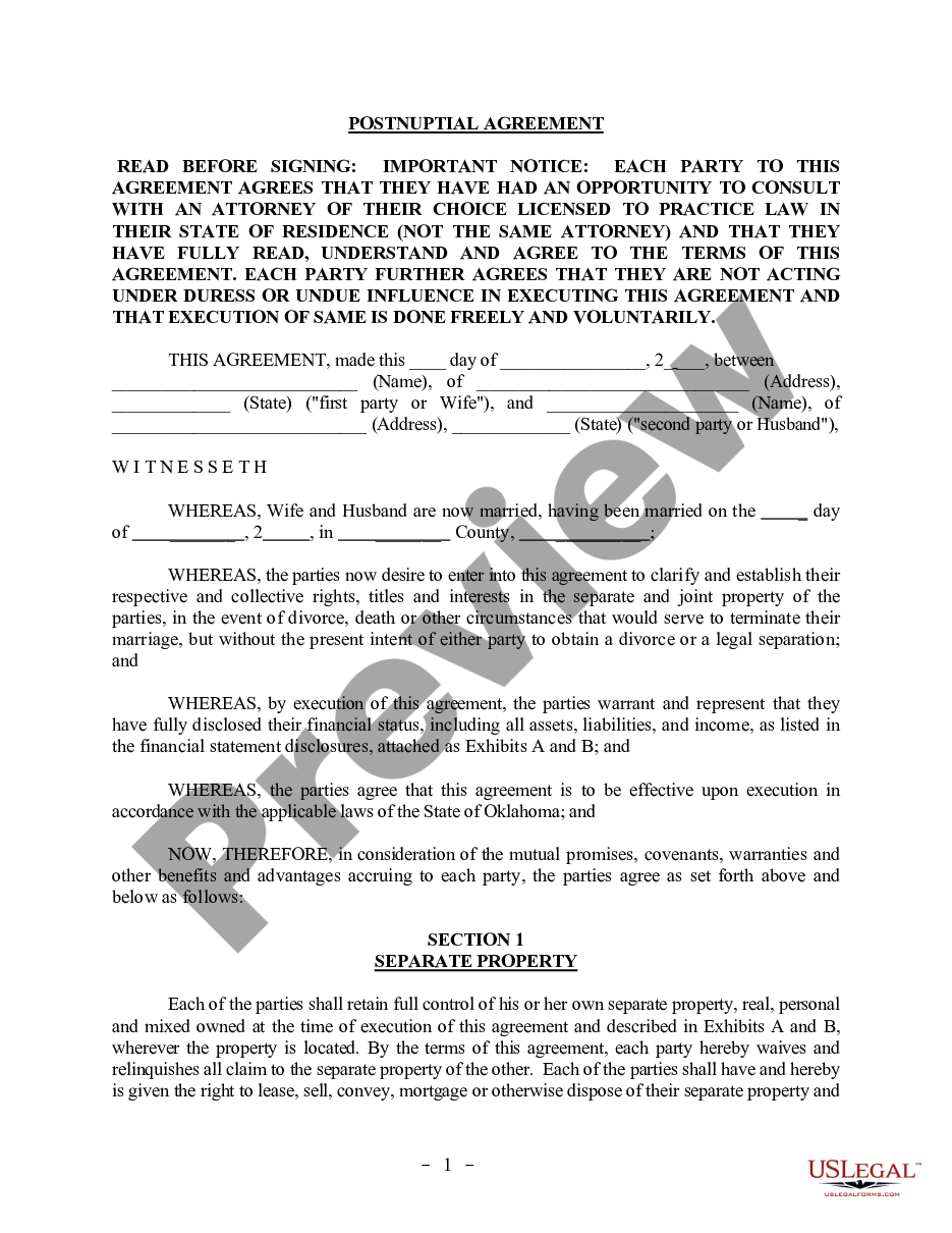 page 0 Postnuptial Property Agreement - Oklahoma preview