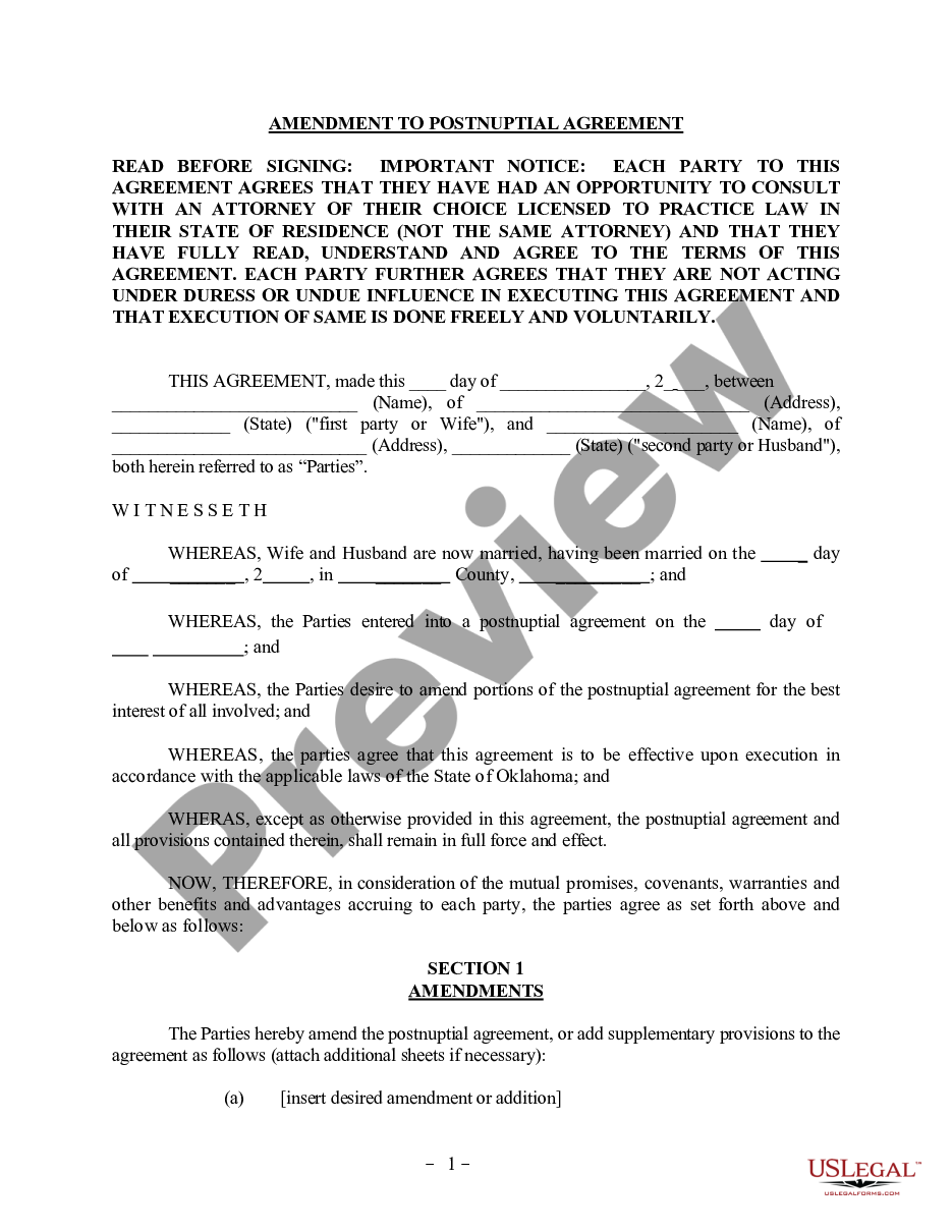 page 0 Amendment to Postnuptial Property Agreement - Oklahoma preview