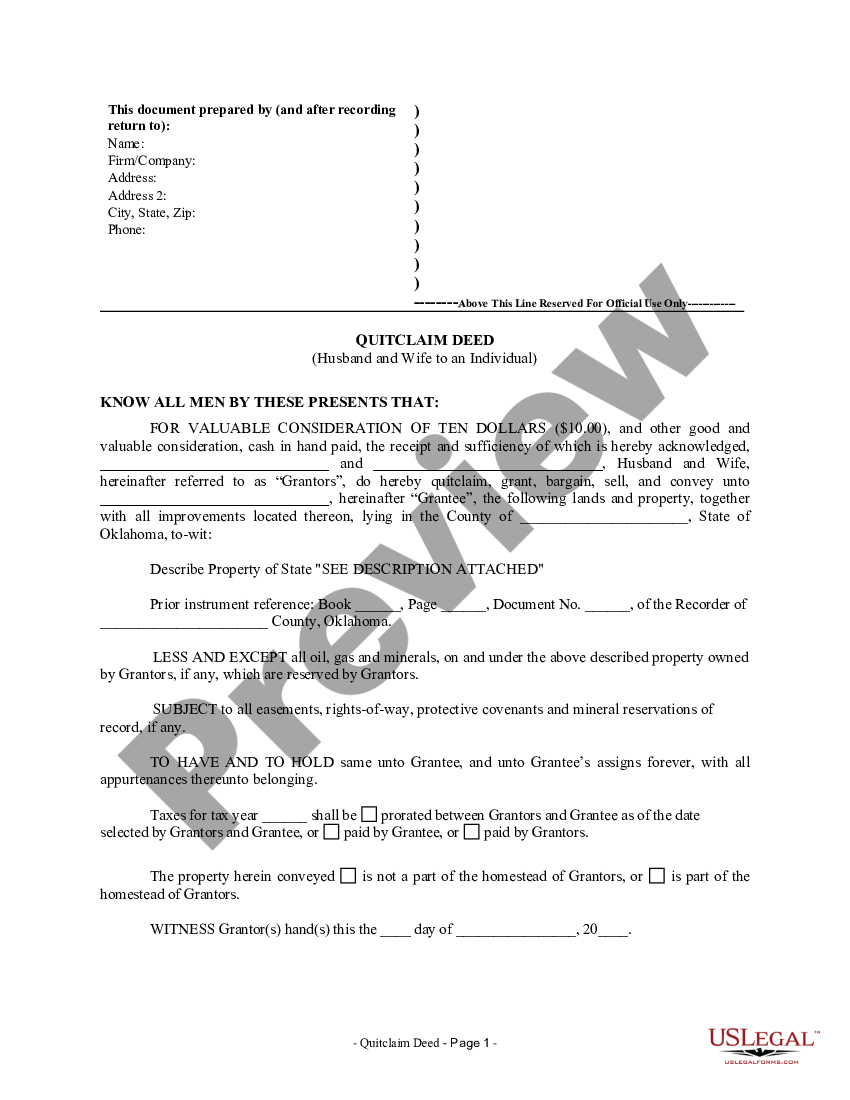 Oklahoma Quitclaim Deed From Husband And Wife To An Individual Us Legal Forms 3418