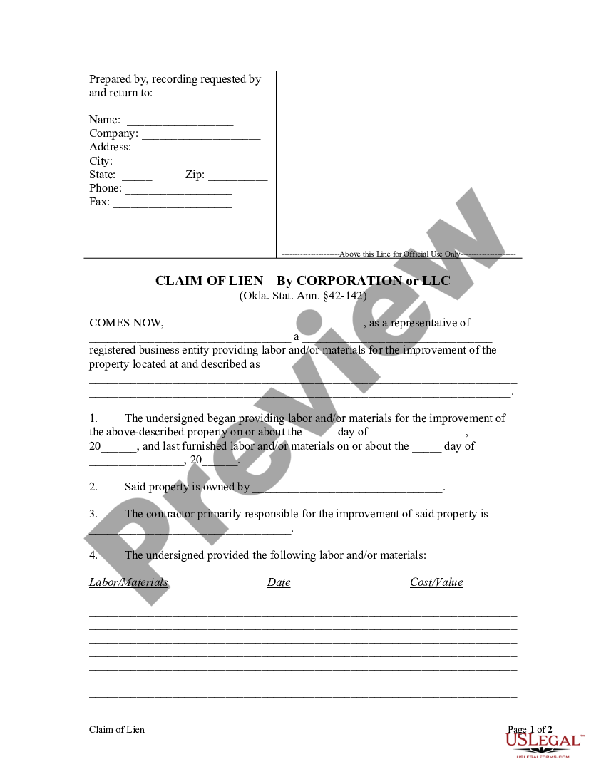 Oklahoma Claim of Lien by Contractor as Corporation or LLC - Ok Lien ...