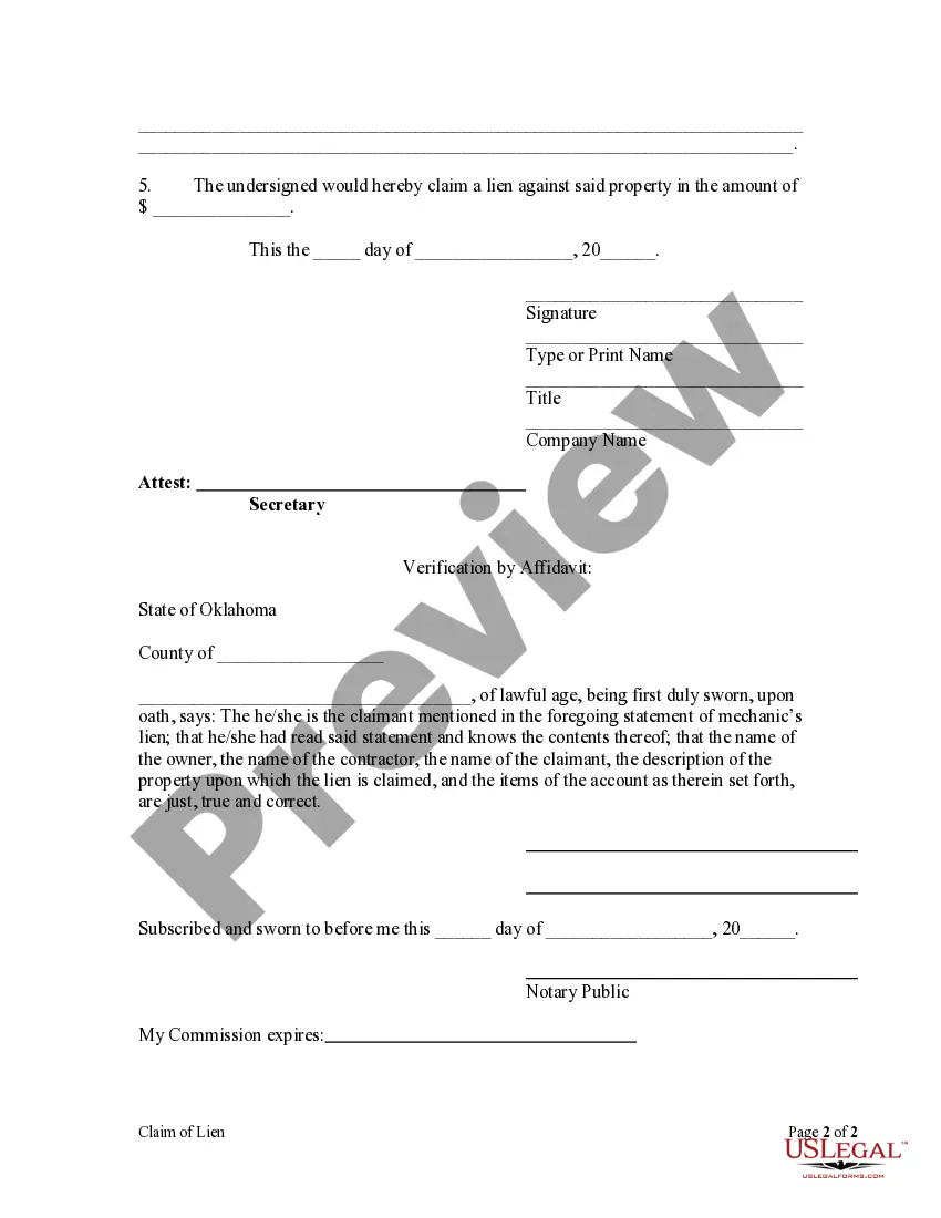 Preview Claim of Lien by Contractor as Corporation