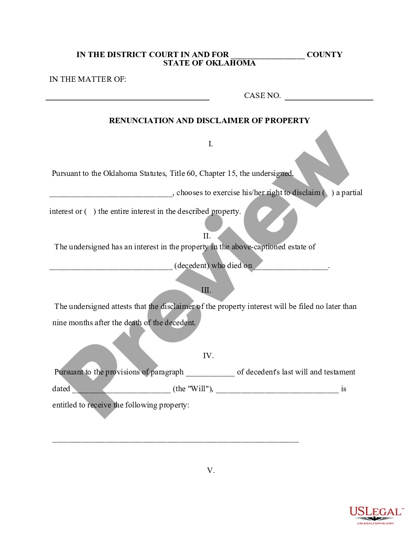 Oklahoma Renunciation And Disclaimer Of Property From Will By Testate Us Legal Forms