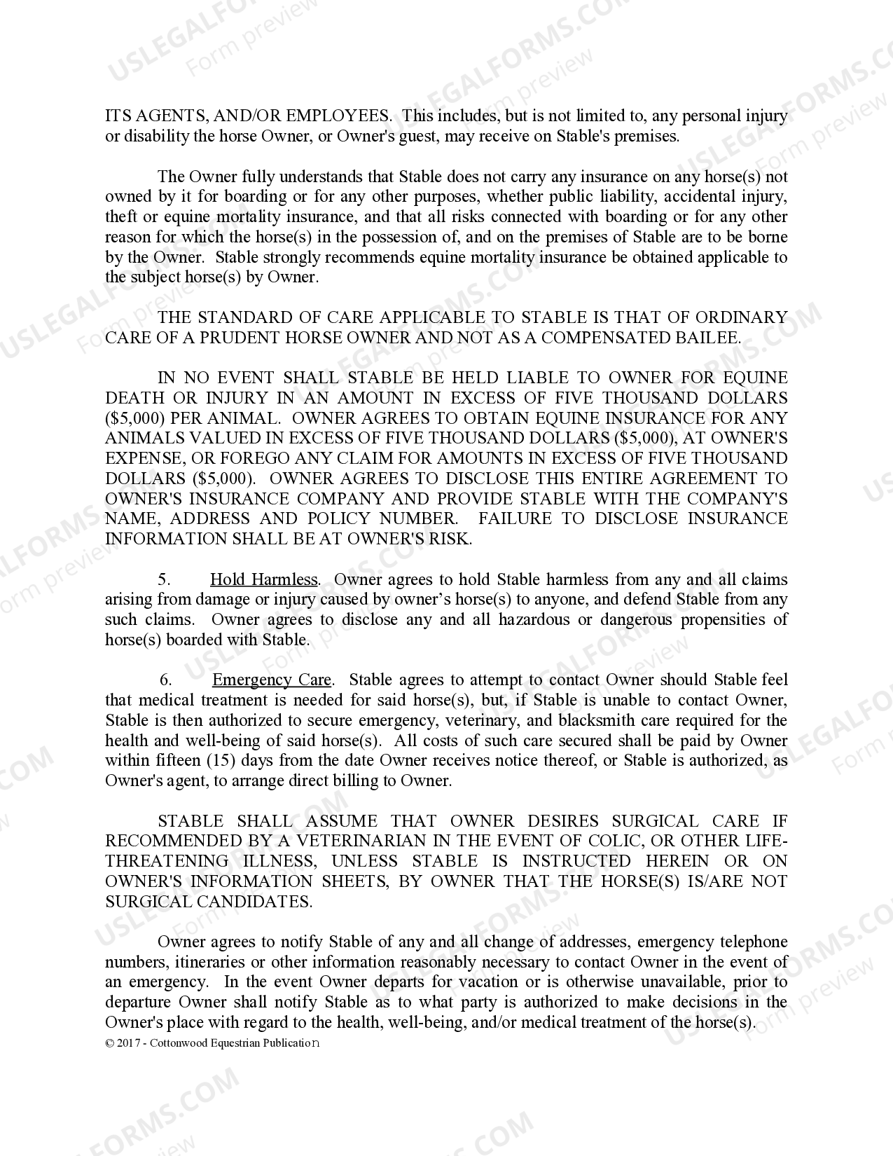 Oklahoma Boarding Stable Agreement Horse Equine Forms Simple Horse