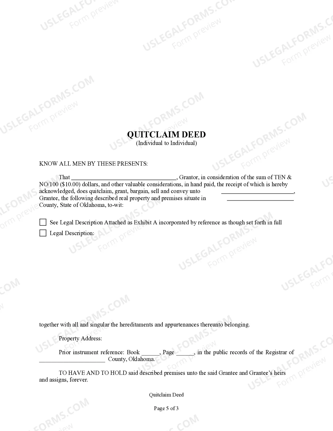 Preview Quitclaim Deed from Individual to Individual