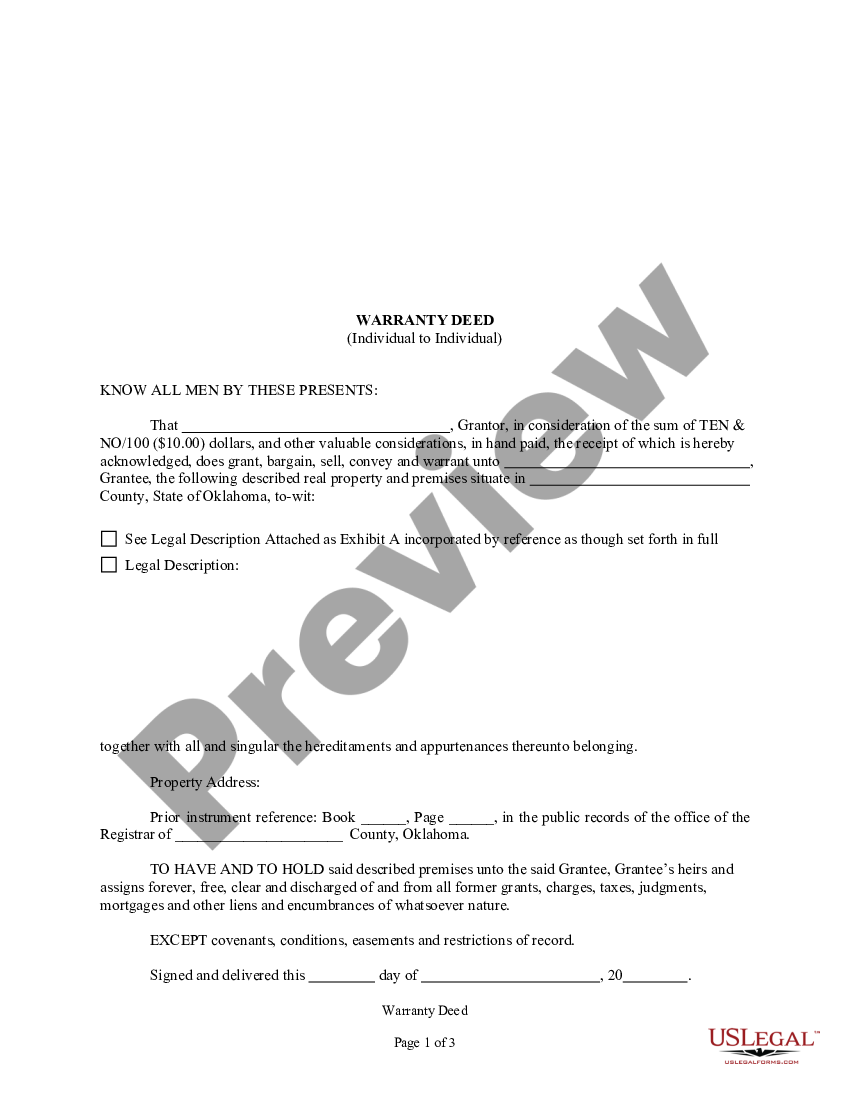 Oklahoma Warranty Deed From Individual To Individual Warranty Deed General Us Legal Forms 7149