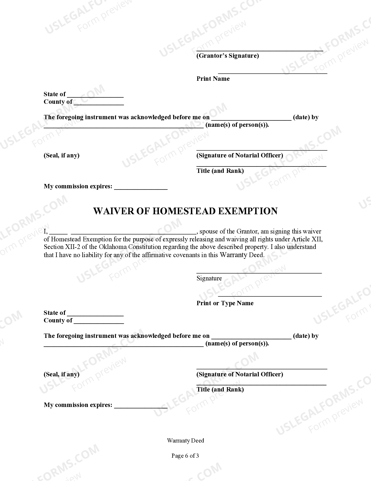 Oklahoma Warranty Deed from Individual to Individual Warranty Deed