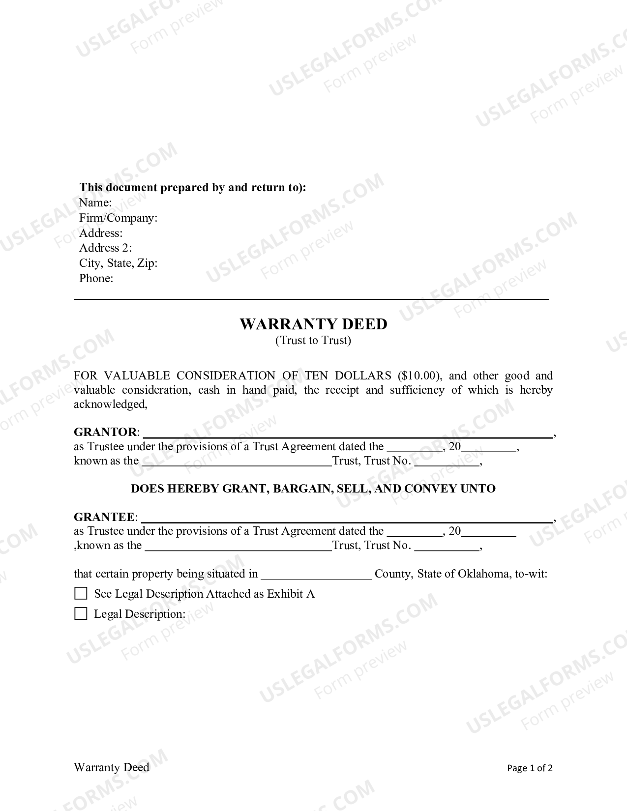 Oklahoma Warranty Deed Trust to Trust US Legal Forms
