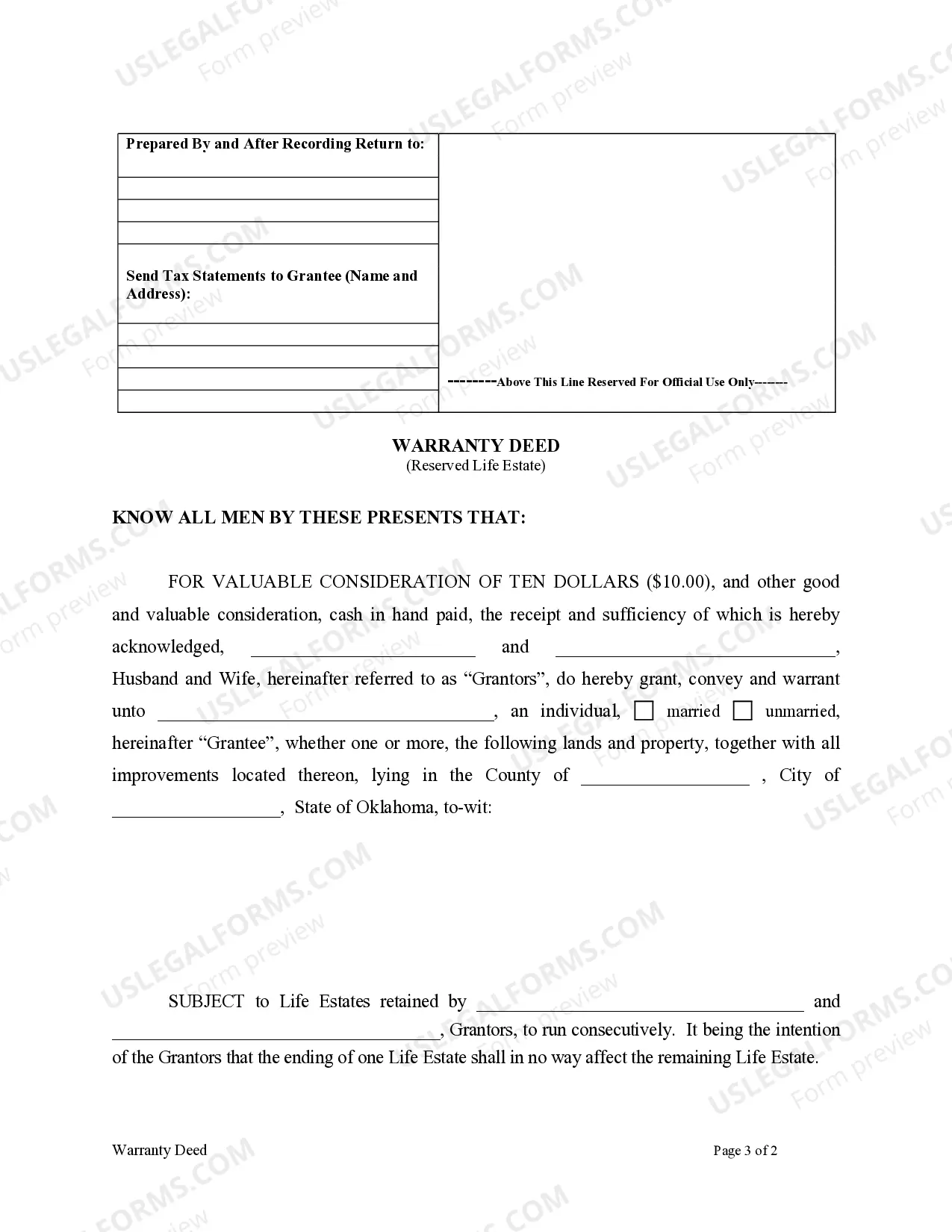 Preview Warranty Deed to Child Reserving a Life Estate in the Parents