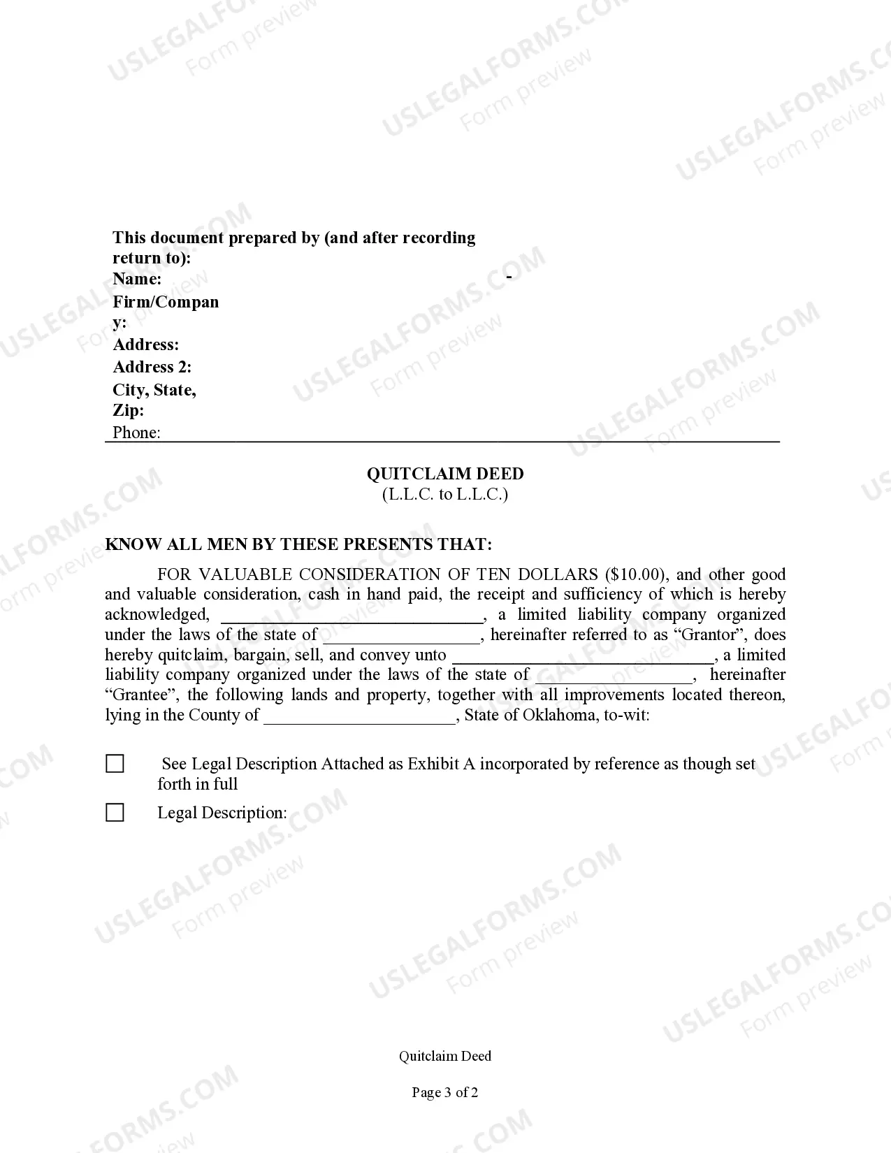 Preview Quitclaim Deed - Limited Liability Company to Limited Liability Company